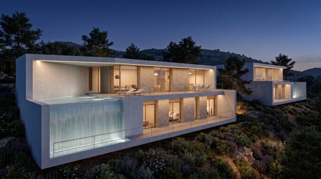 Vivienda iluminada de noche