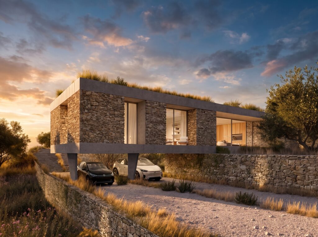 Vivienda contemporánea iluminada al atardecer con grandes ventanales y jardín