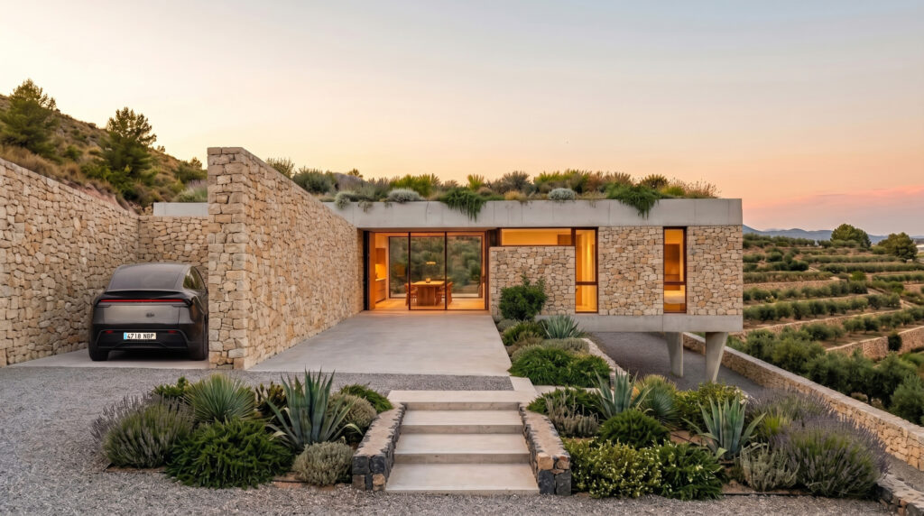 Acceso ajardinado a una vivienda contemporánea con escalones de piedra y vegetación